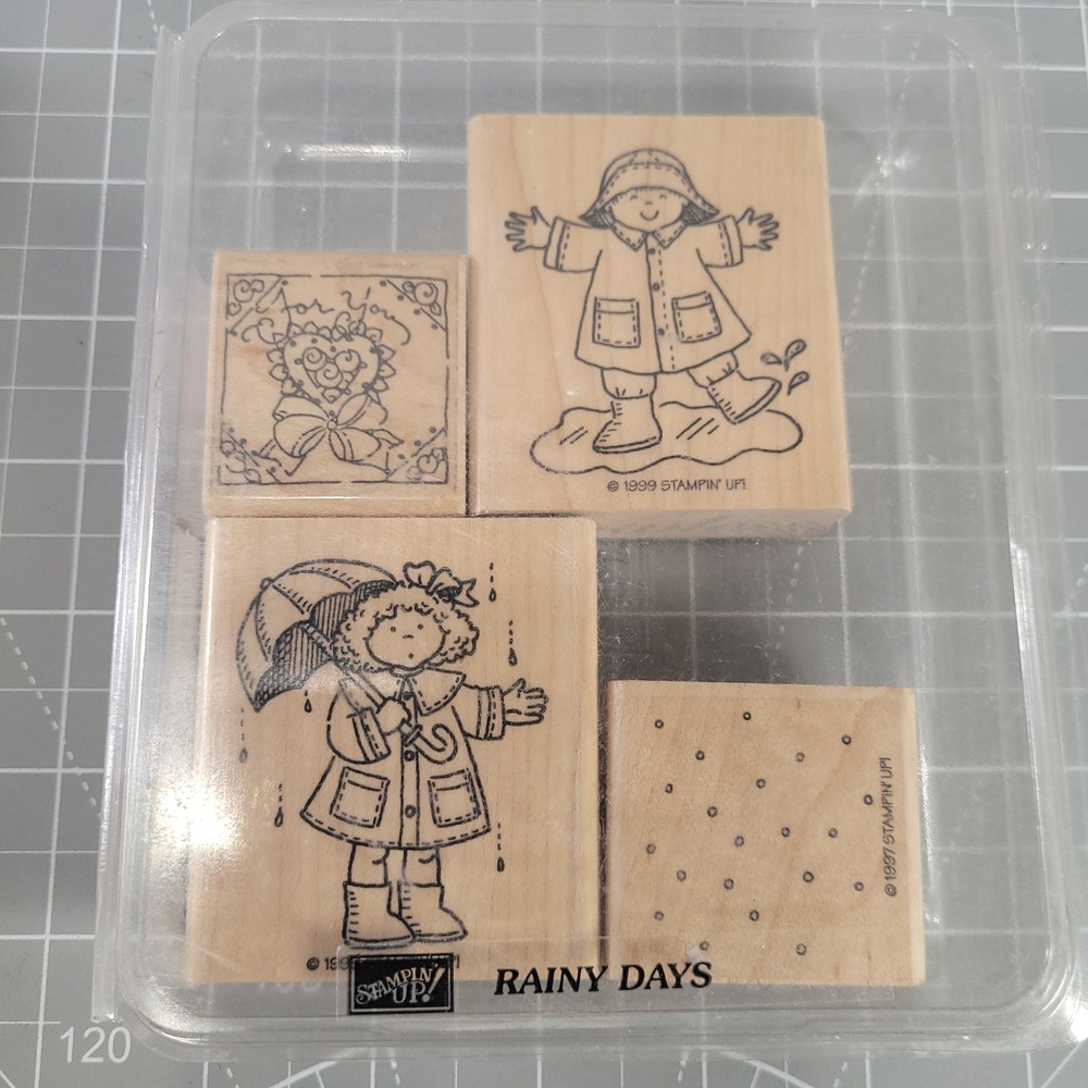 Stampin Up Rainy Days Rubber Stamp Set 4pc Wood Block Spring Puddles Umbrella